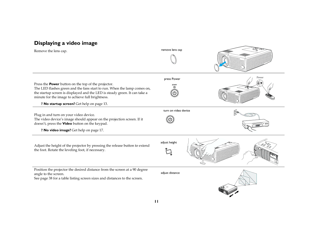 InFocus DP2000S, DP2000X manual Displaying a video image, 3OXJLQDQGWXUQRQ\RXUYLGHRGHYLFH, ? No video image?*HWKHOSRQSDJH 