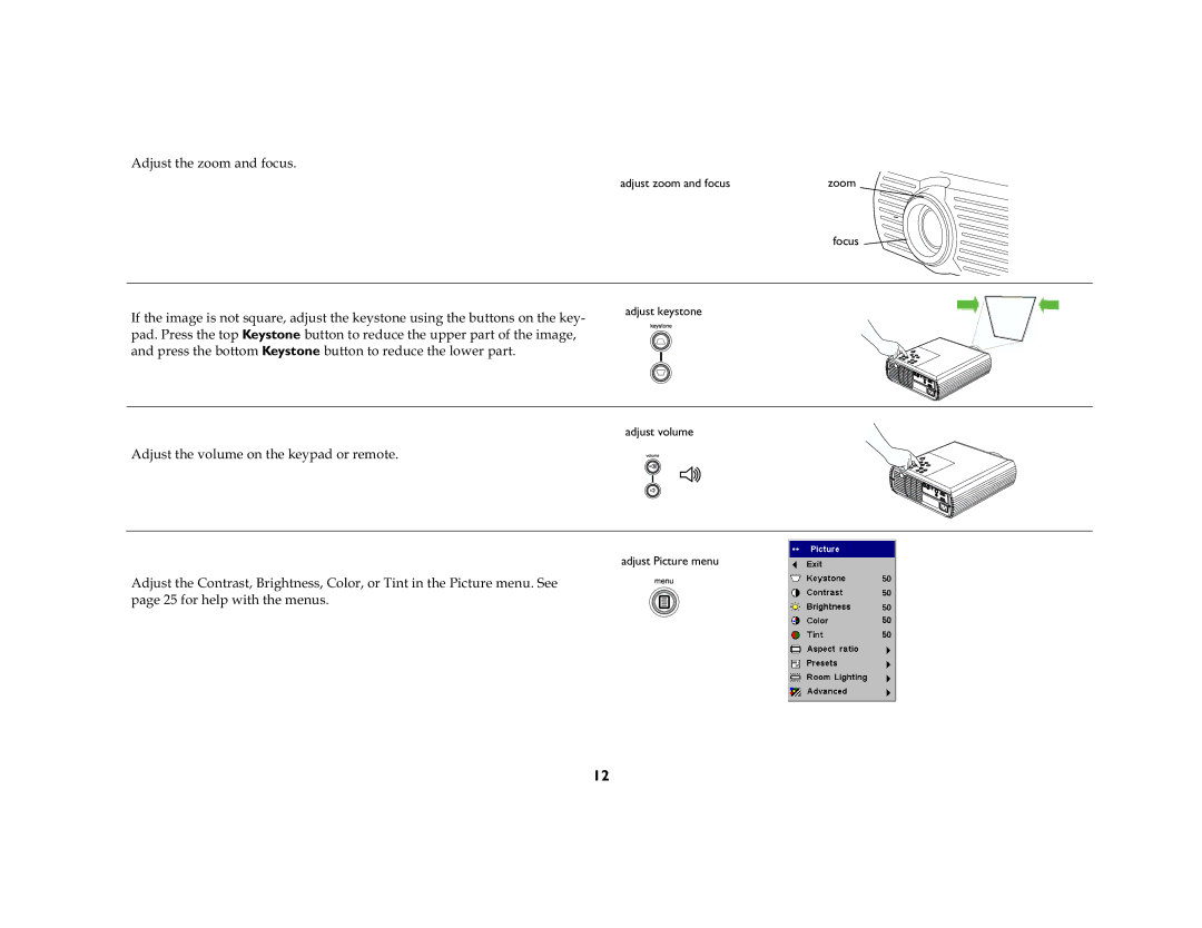 InFocus DP2000X, DP2000S $Gmxvwwkhrrpdqgirfxv, $Gmxvwwkhyroxphrqwkhnh\Sdgruuhprwh, Adjust zoom and focus, Adjust volume 