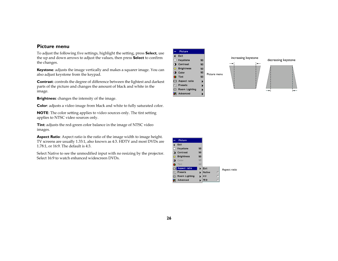 InFocus DP2000X, DP2000S manual Picture menu, Wkhfkdqjhv, Lpdjhv 