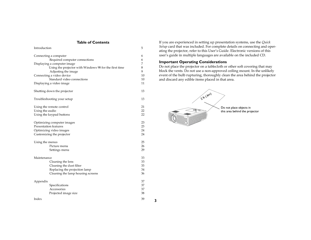 InFocus DP2000S, DP2000X manual Table of Contents, Important Operating Considerations 