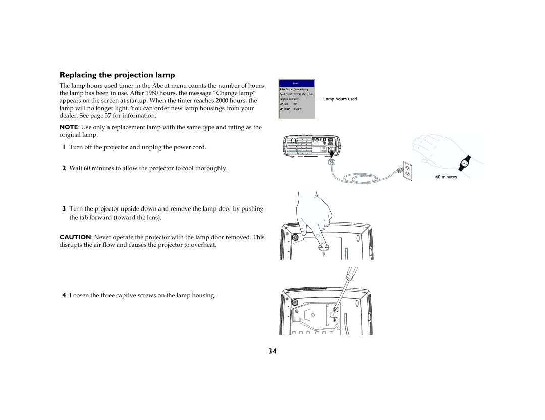 InFocus DP2000X, DP2000S manual Replacing the projection lamp, Ruljlqdoodps 7XUQRIIWKHSURMHFWRUDQGXQSOXJWKHSRZHUFRUG 