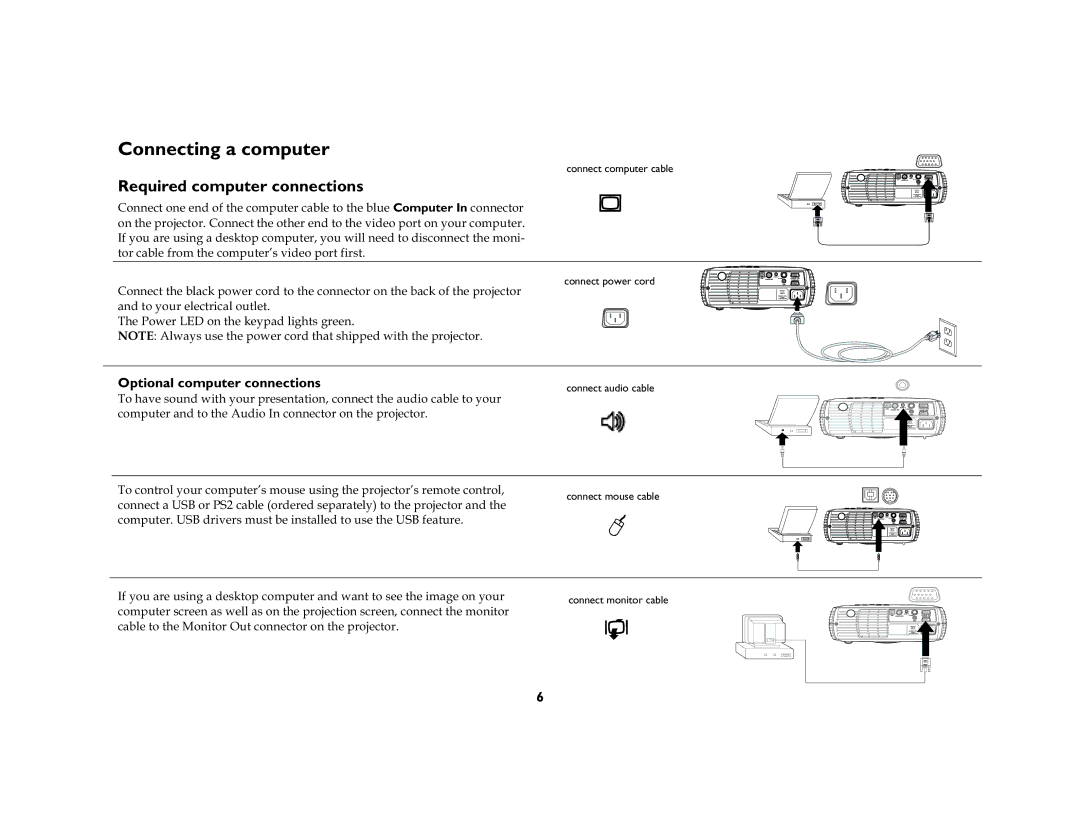 InFocus DP2000X, DP2000S manual Connecting a computer, Required computer connections, Optional computer connections 