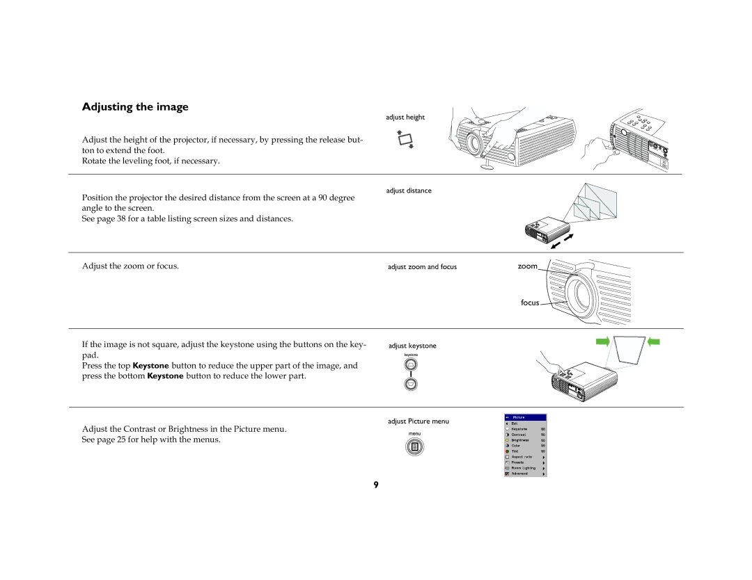 InFocus DP2000S, DP2000X manual Adjusting the image, 5RWDWHWKHOHYHOLQJIRRWLIQHFHVVDU, Focus, Sdg 