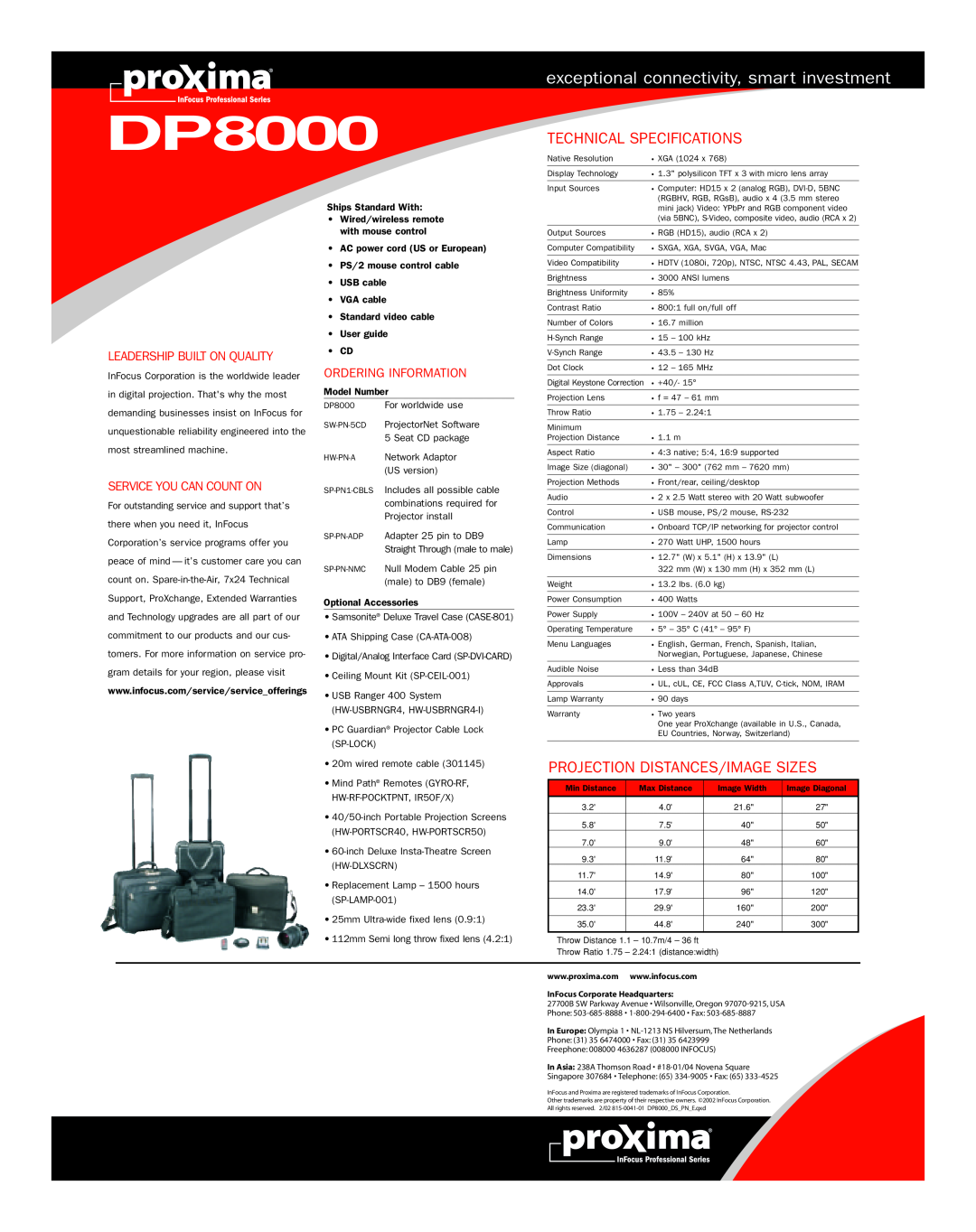 InFocus DP8000 exceptional connectivity, smart investment, Technical Specifications, Projection Distances/Image Sizes 