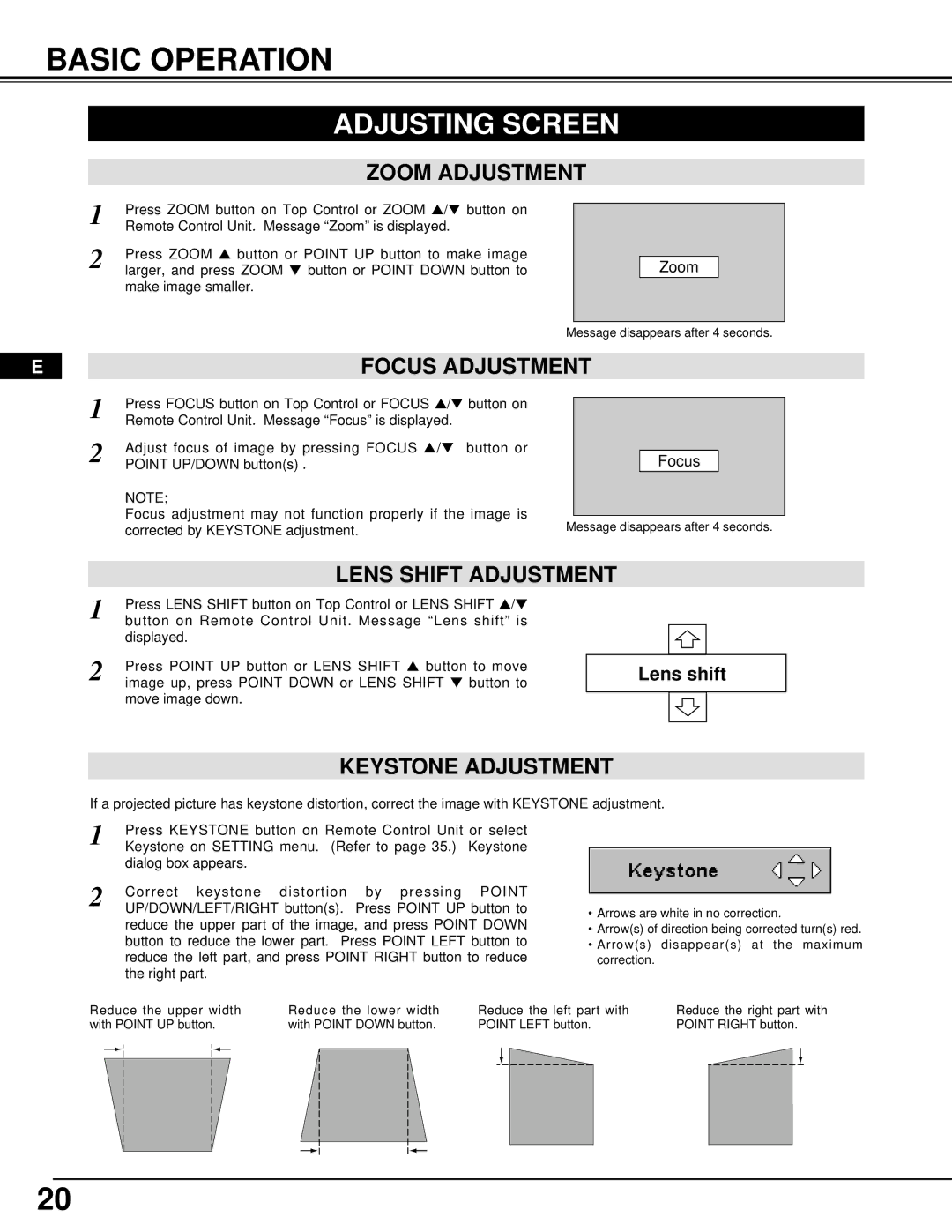 InFocus DP9295 manual Basic Operation, Adjusting Screen, Keystone Adjustment 