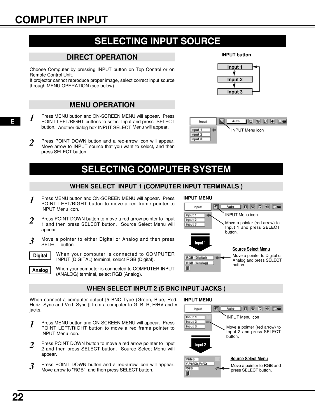 InFocus DP9295 manual Computer Input, Selecting Input Source, Selecting Computer System, Input Menu 