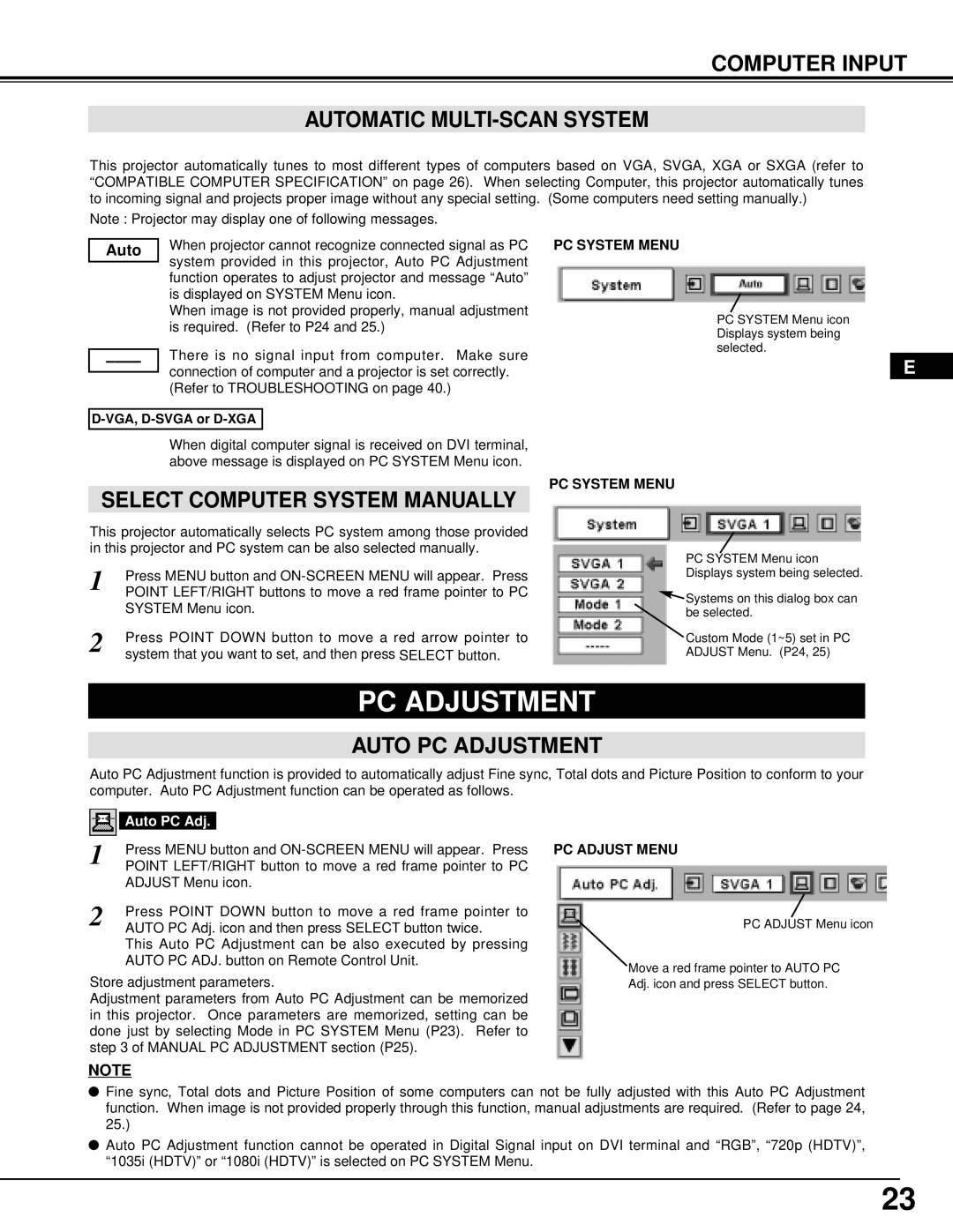 InFocus DP9295 manual Computer Input Automatic MULTI-SCAN System, Auto PC Adjustment 