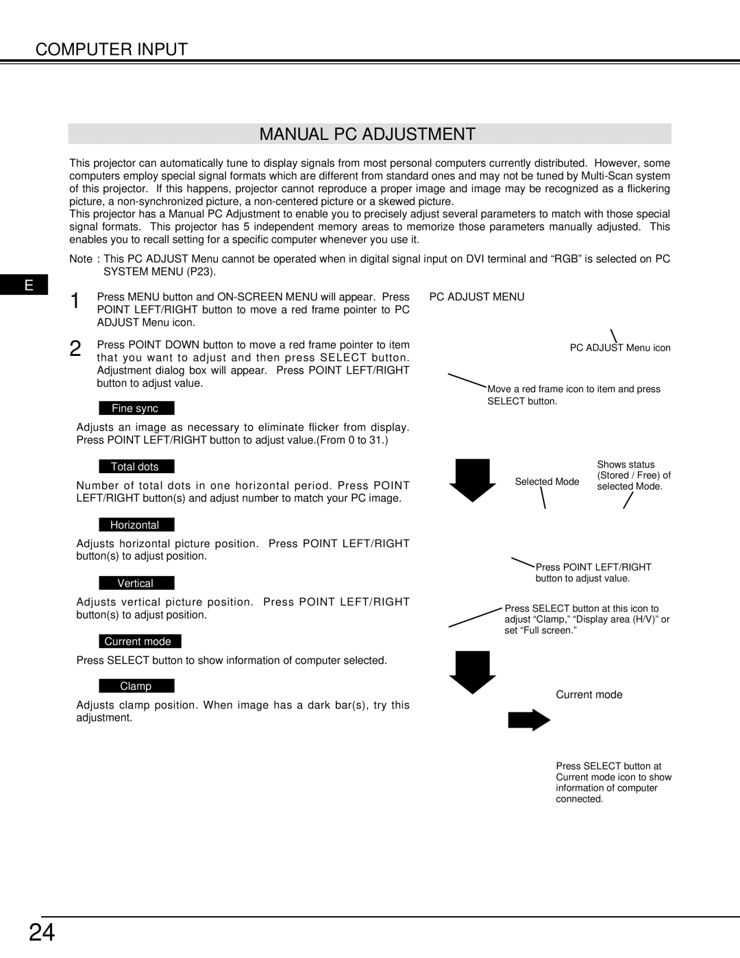 InFocus DP9295 manual Computer Input Manual PC Adjustment 