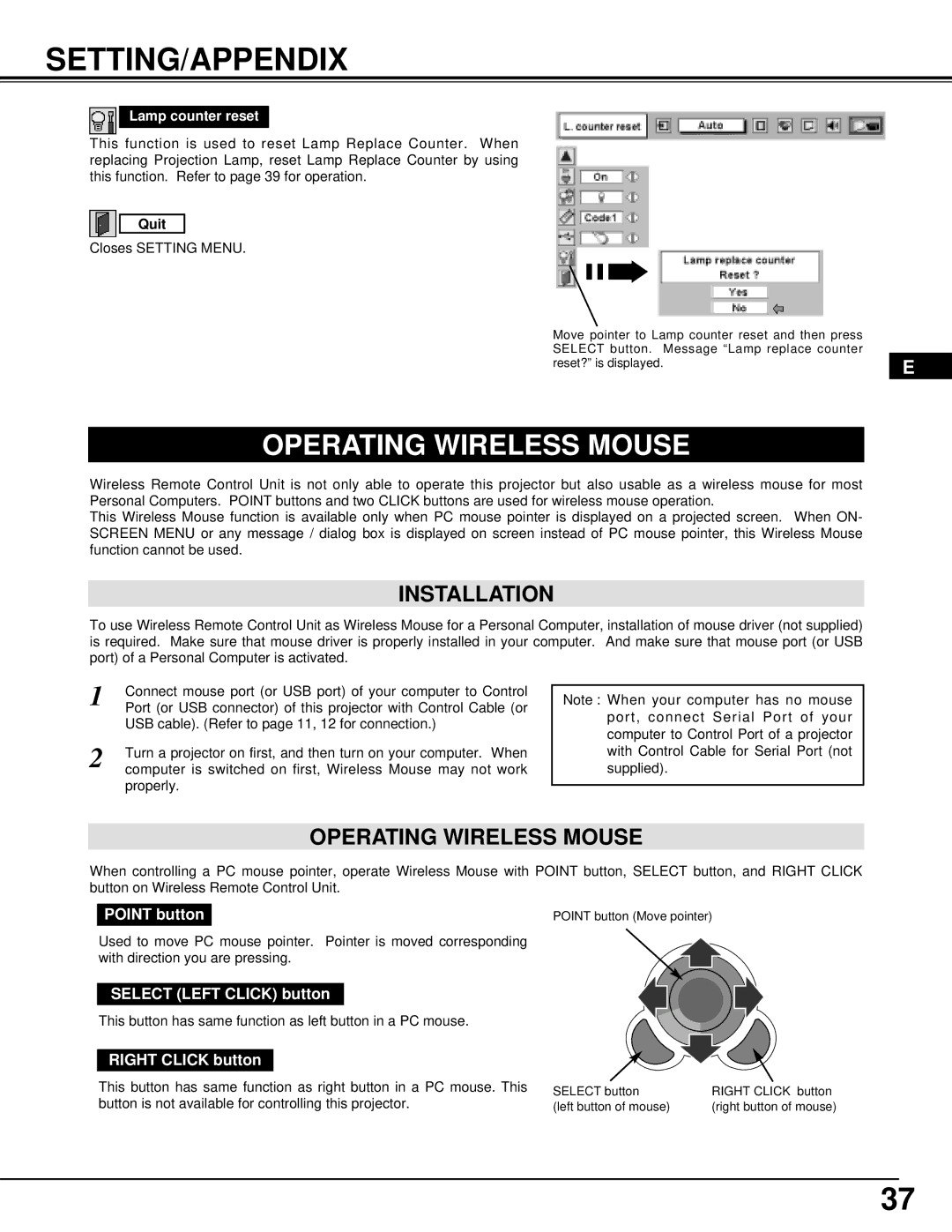 InFocus DP9295 manual Setting/Appendix, Operating Wireless Mouse, Installation, Lamp counter reset 