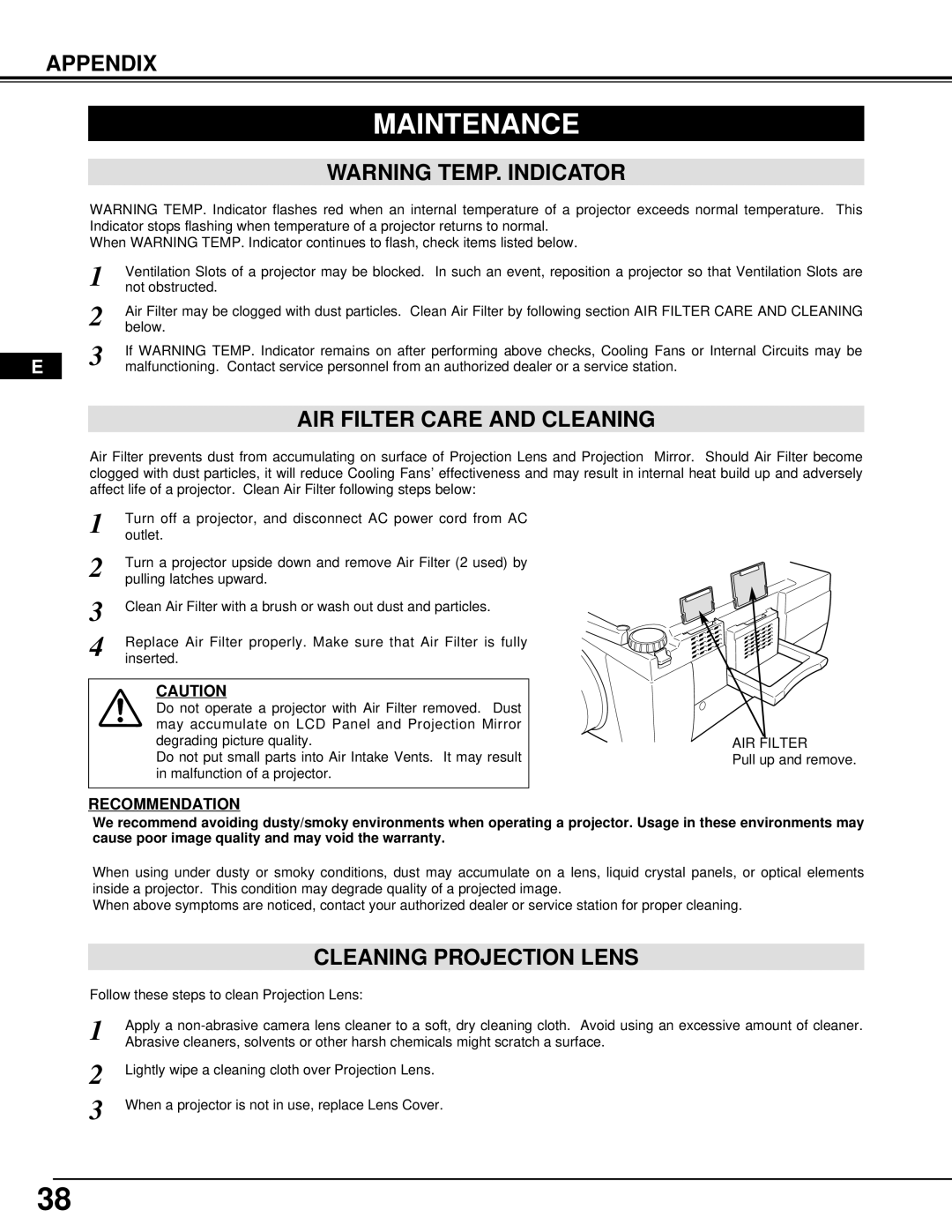 InFocus DP9295 manual Maintenance, AIR Filter Care and Cleaning, Cleaning Projection Lens 