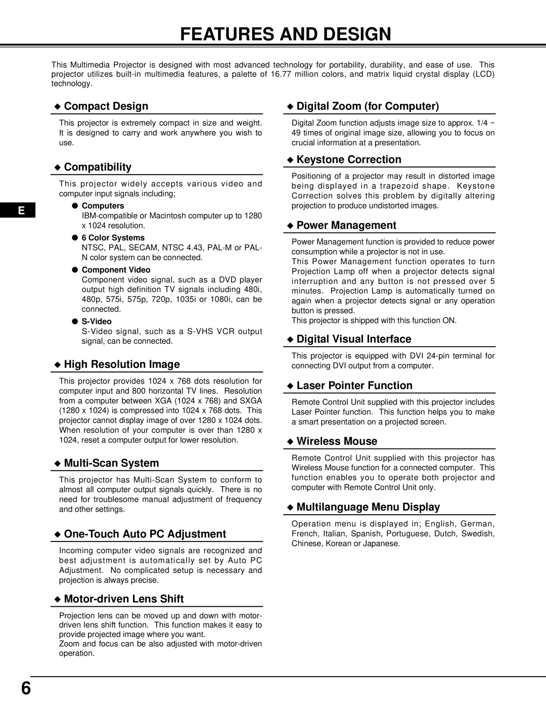 InFocus DP9295 manual Features and Design, Computers, Color Systems, Component Video 