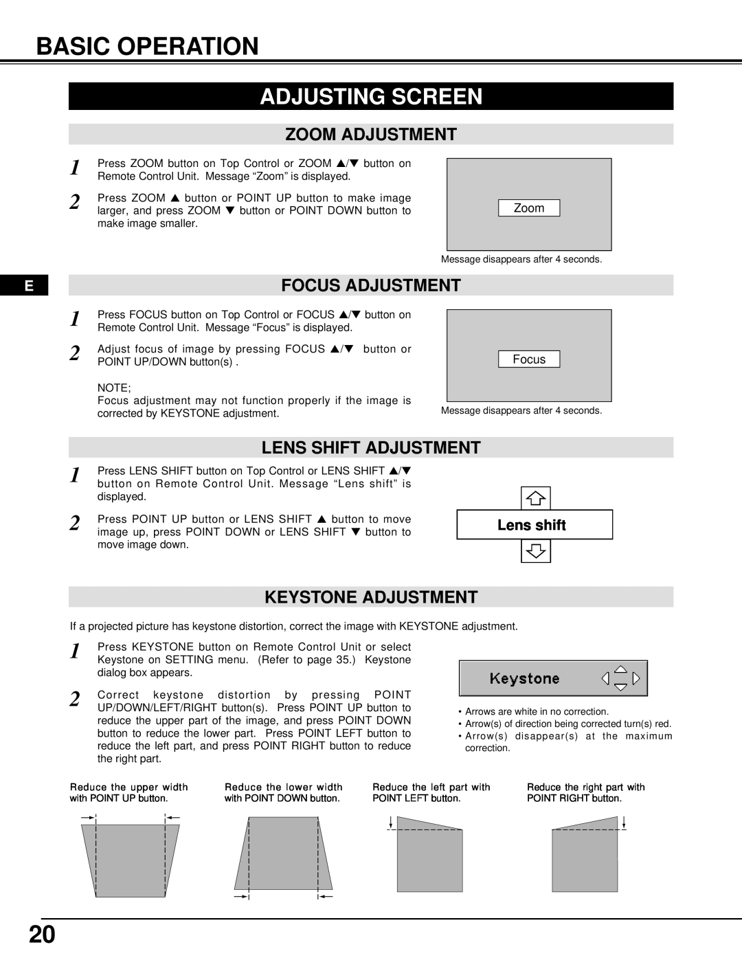 InFocus DP9295 manual Basic Operation, Adjusting Screen, Keystone Adjustment, Zoom Adjustment, Lens Shift Adjustment 