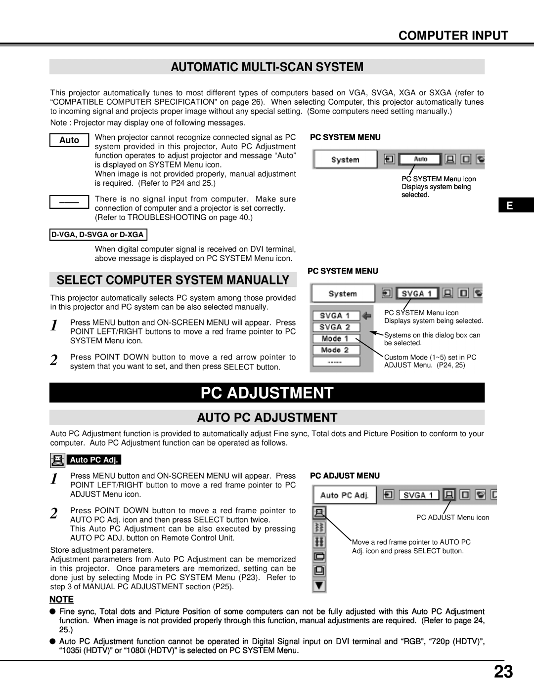 InFocus DP9295 manual Computer Input Automatic Multi-Scan System, Auto Pc Adjustment, Select Computer System Manually 