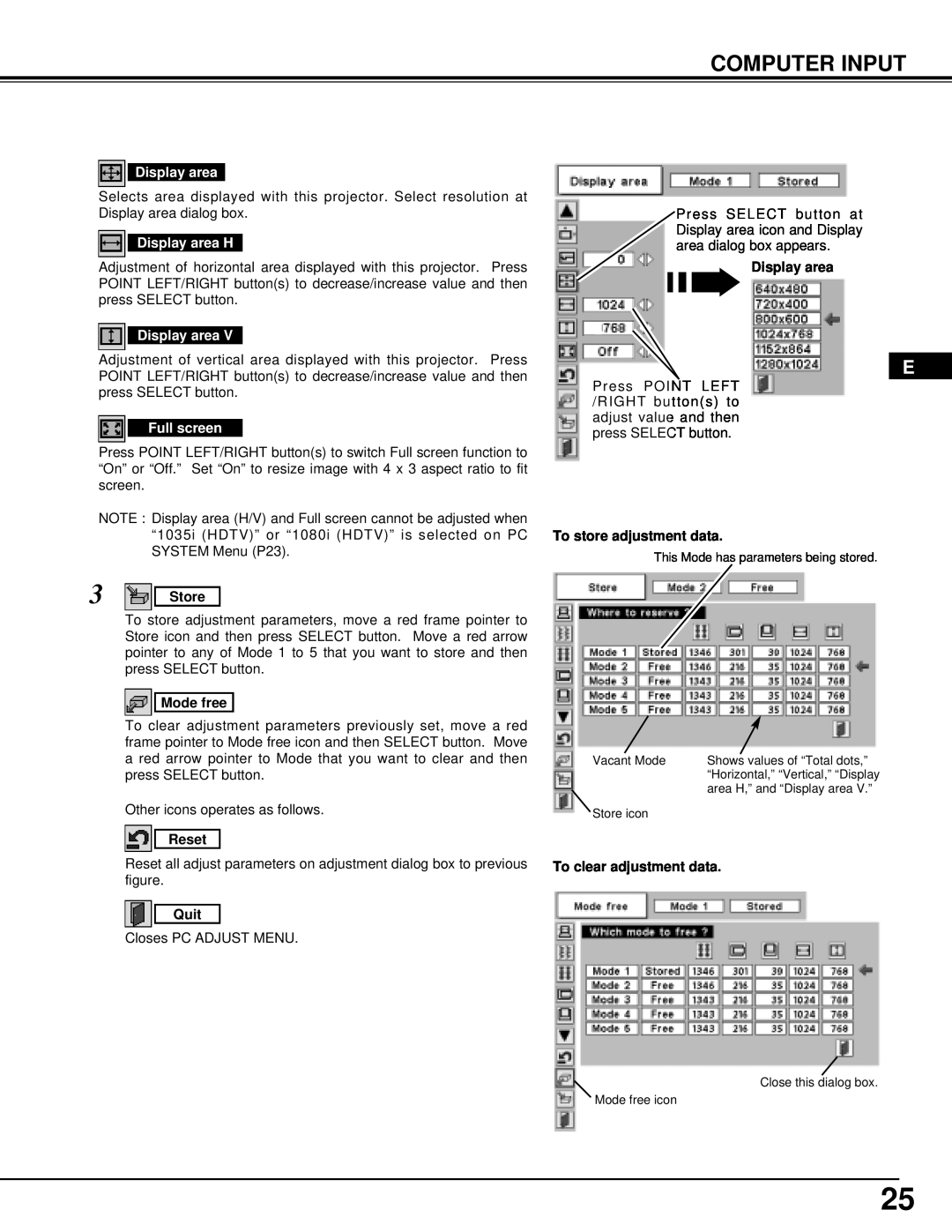 InFocus DP9295 manual Computer Input, Store, Mode free, Reset, Quit, Display area, To store adjustment data 