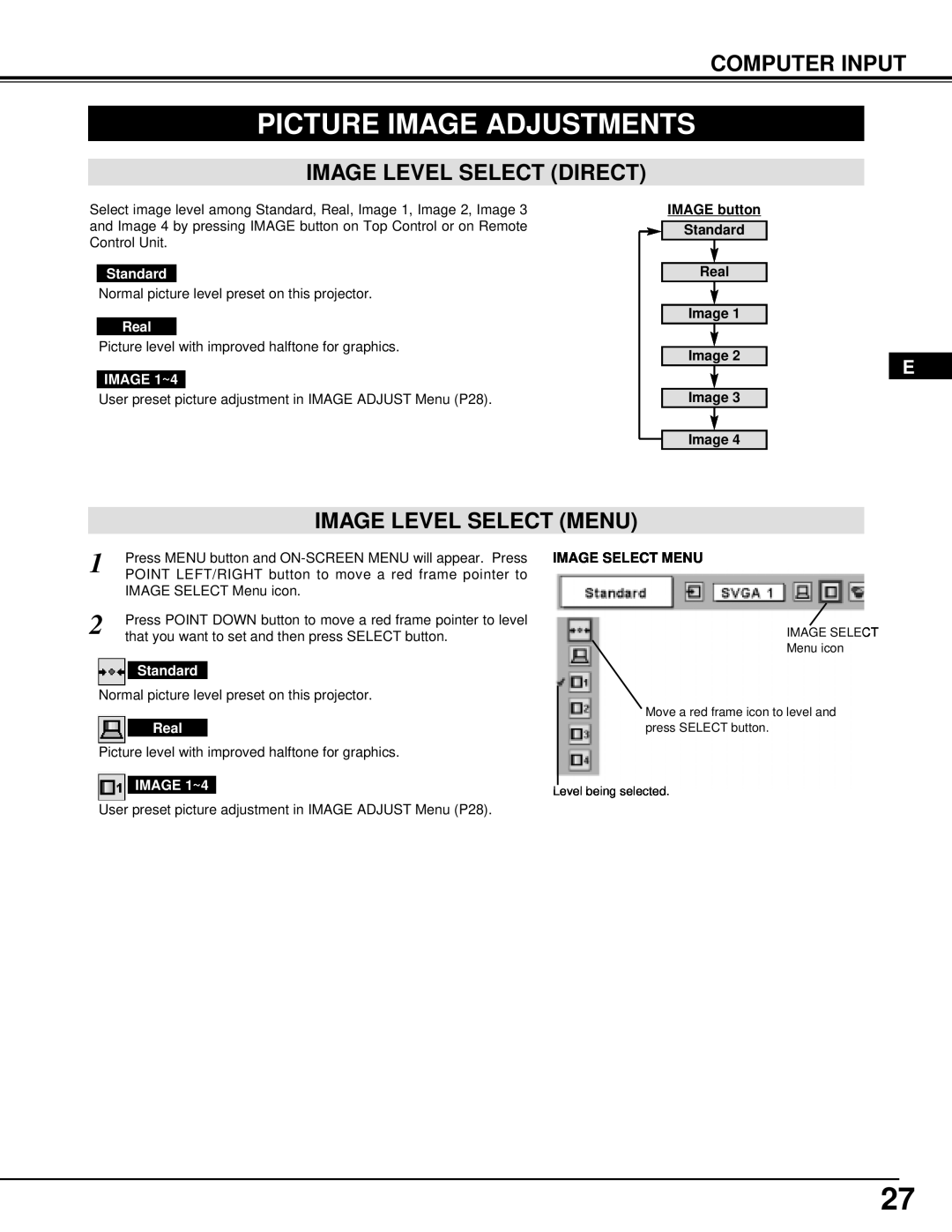 InFocus DP9295 manual Picture Image Adjustments, Image Level Select Direct, Image Level Select Menu, Computer Input 