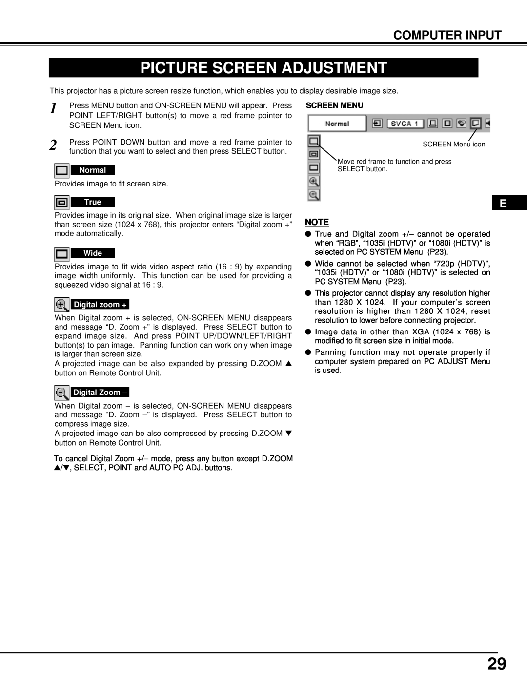 InFocus DP9295 manual Picture Screen Adjustment, Computer Input, Screen Menu 