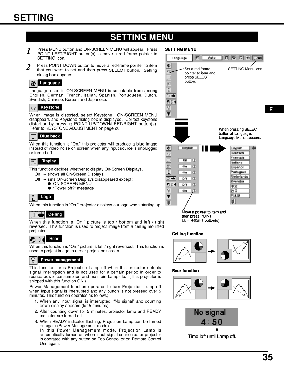 InFocus DP9295 manual Setting Menu, Ceiling function, Rear function 