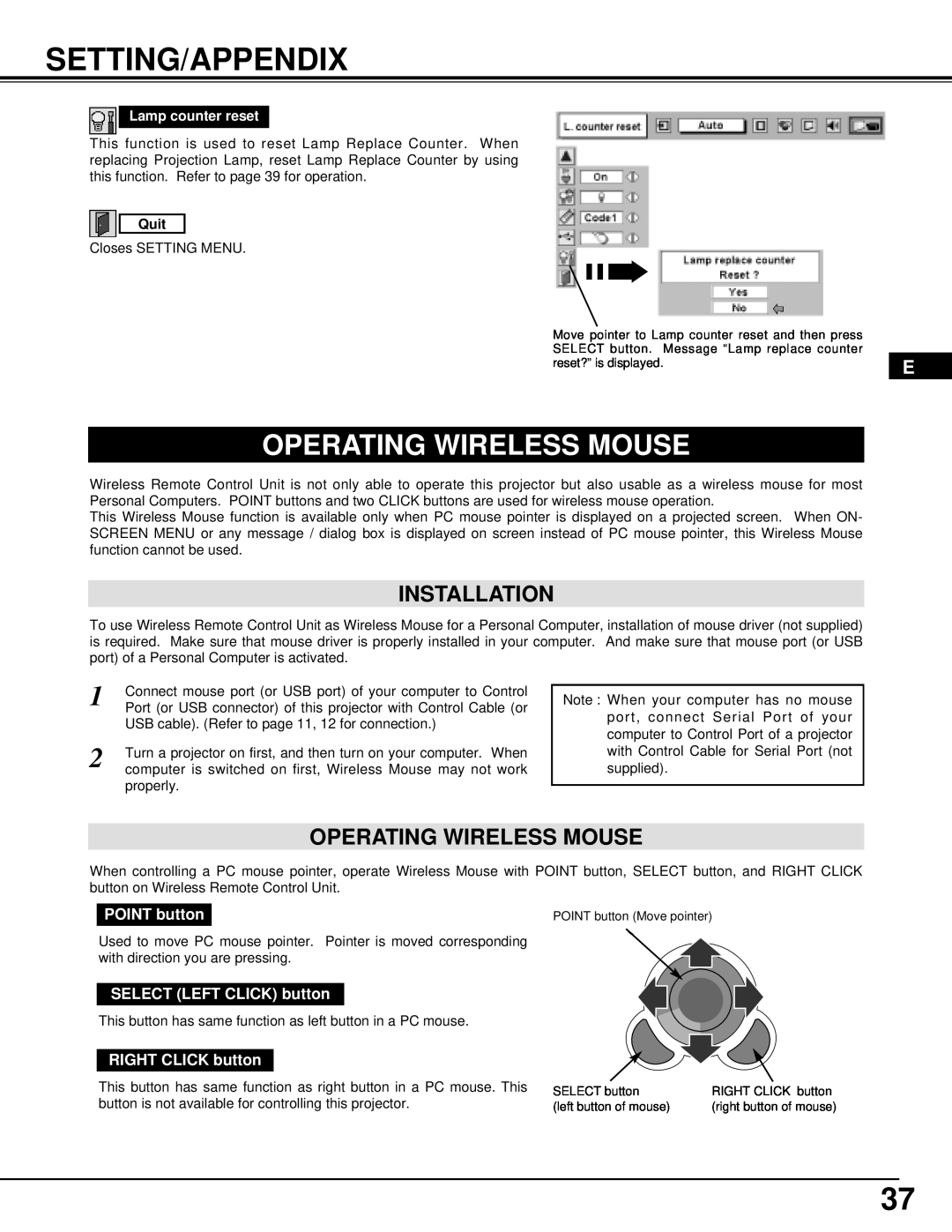 InFocus DP9295 manual Setting/Appendix, Operating Wireless Mouse, Installation, Quit 