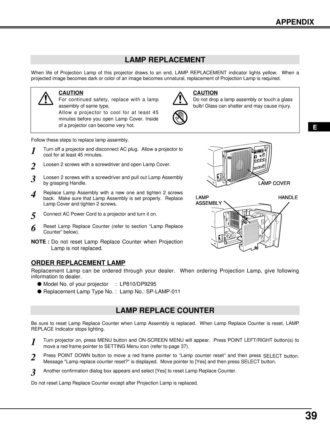 InFocus DP9295 manual Appendix Lamp Replacement, Lamp Replace Counter, Order Replacement Lamp 