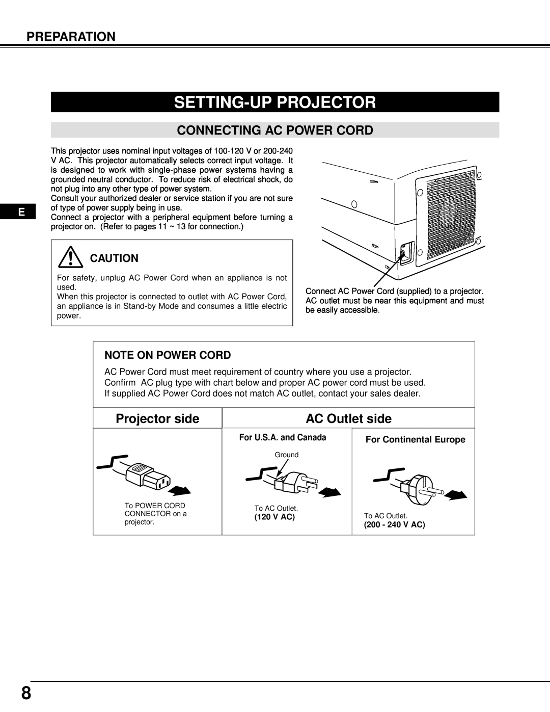 InFocus DP9295 manual Setting-Up Projector, Preparation, Connecting Ac Power Cord, Projector side, AC Outlet side, V Ac 