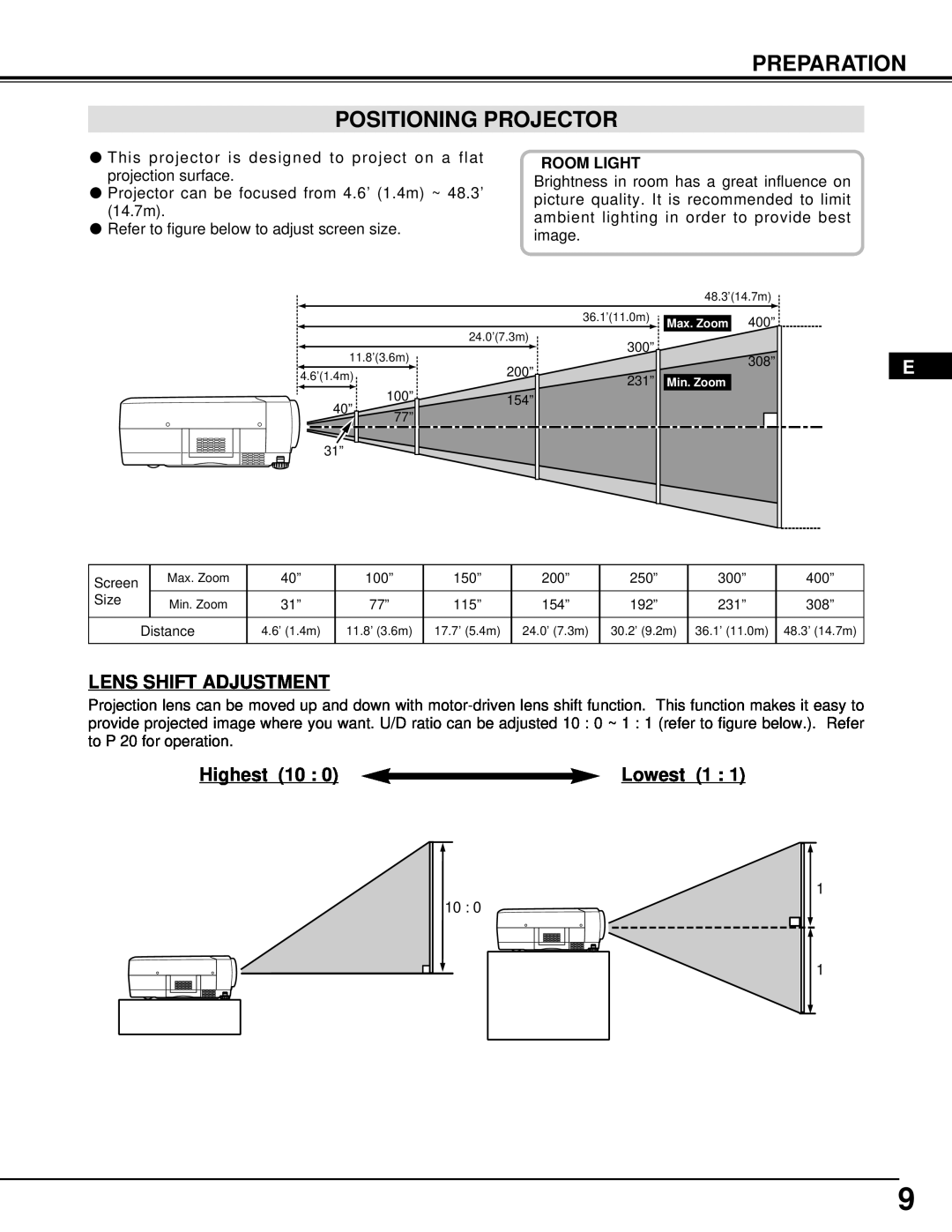 InFocus DP9295 manual Preparation Positioning Projector, Lens Shift Adjustment, Highest 10, Lowest 1 