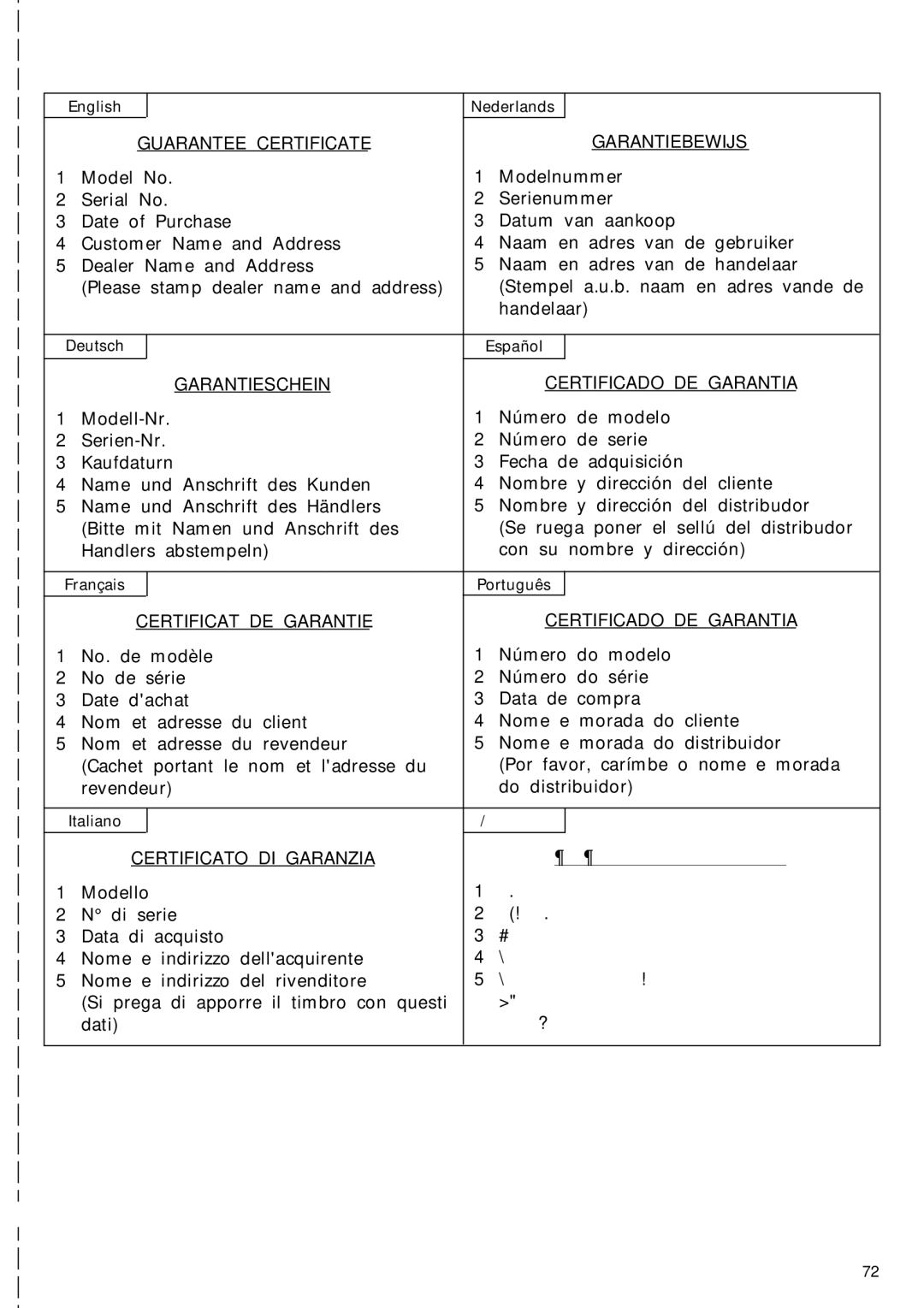 InFocus DS 12DM Guarantee Certificate Garantiebewijs, Garantieschein Certificado DE Garantia, Certificato DI Garanzia 