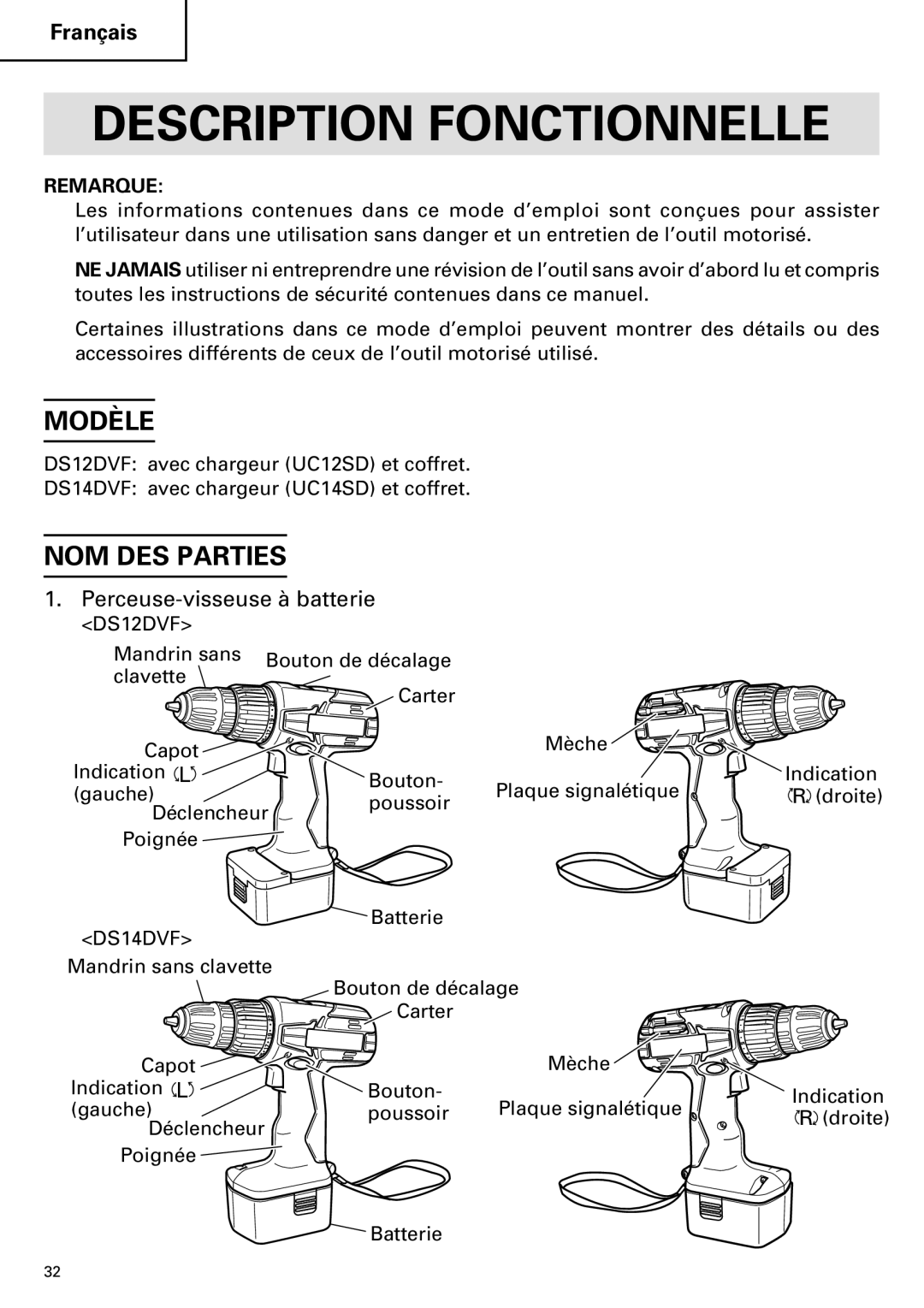 InFocus DS 14DVF Description Fonctionnelle, Modèle, NOM DES Parties, Perceuse-visseuse à batterie, Remarque 