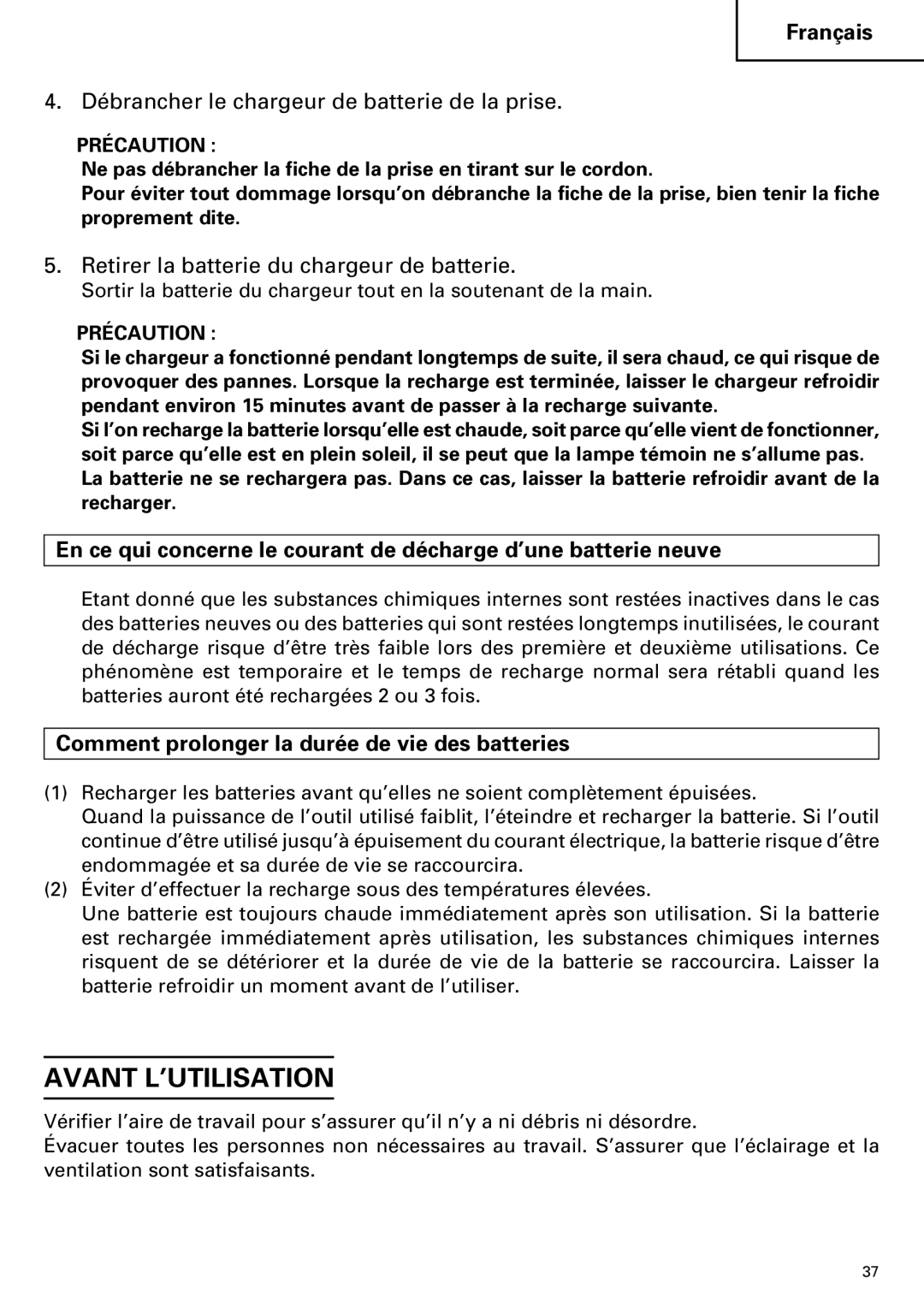 InFocus DS 14DVF instruction manual Avant L’UTILISATION, Débrancher le chargeur de batterie de la prise, Précaution 