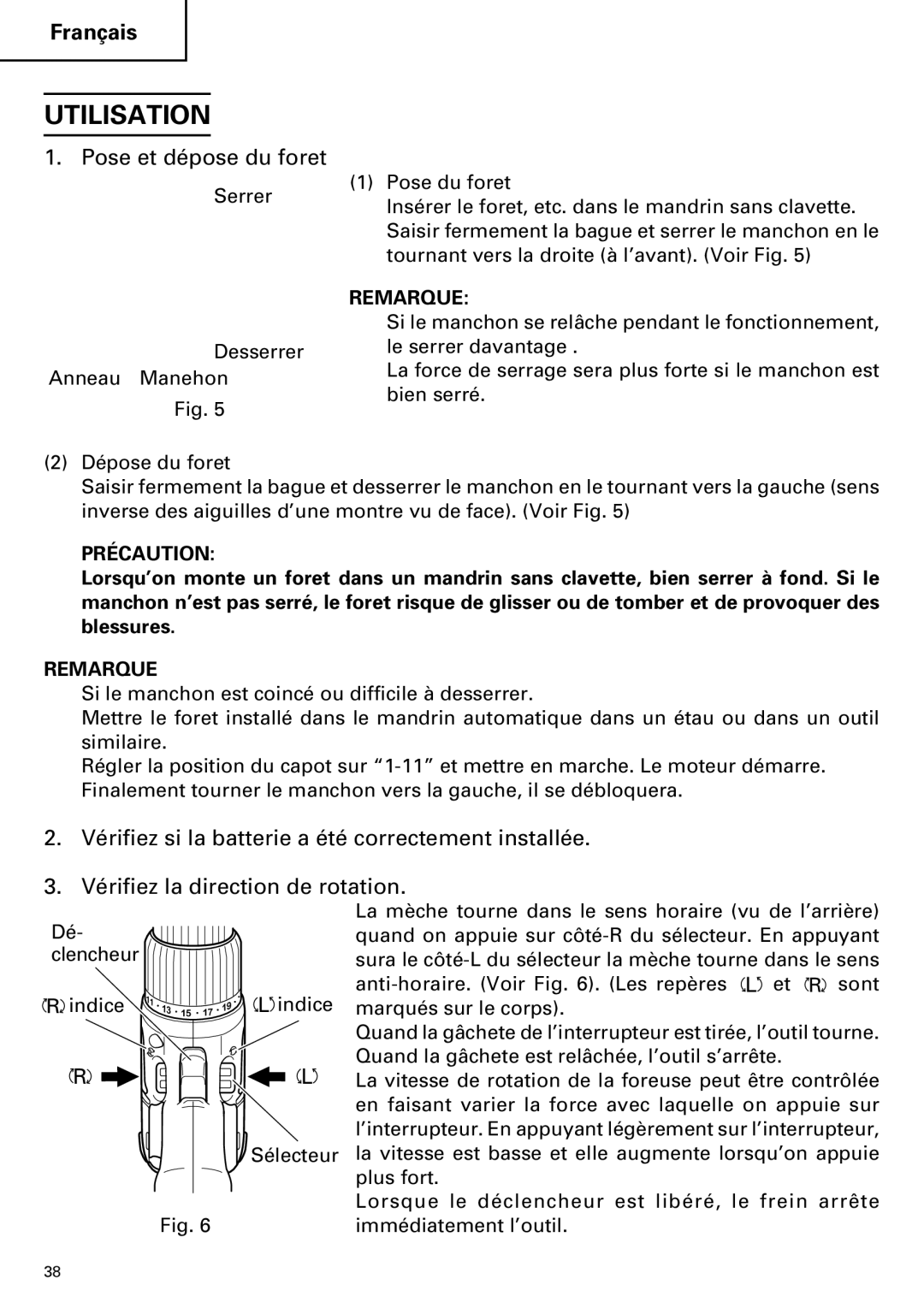 InFocus DS 14DVF instruction manual Utilisation, Pose et dépose du foret 