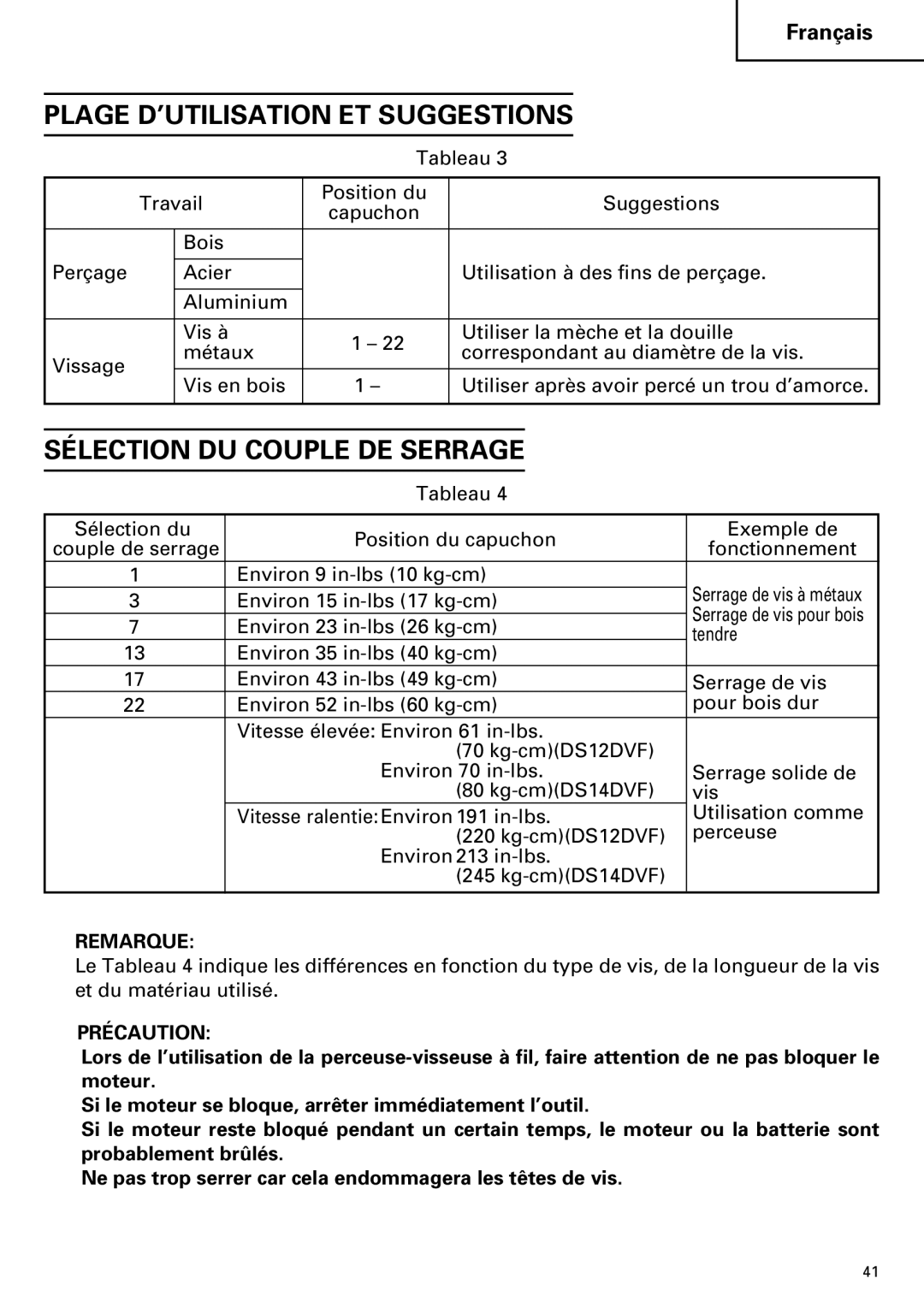 InFocus DS 14DVF instruction manual Plage D’UTILISATION ET Suggestions, Sélection DU Couple DE Serrage 