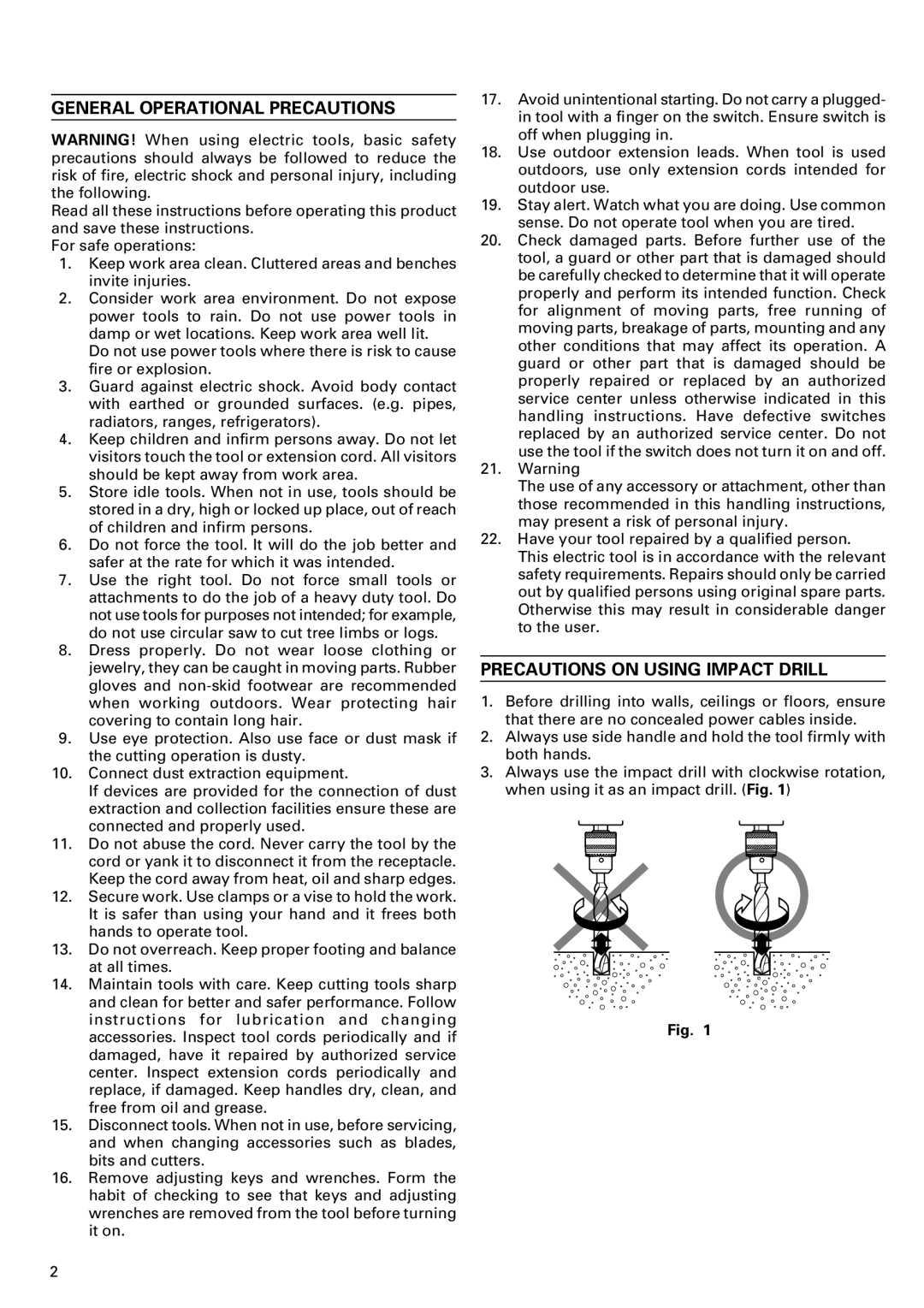 InFocus DV 18V manual General Operational Precautions, Precautions on Using Impact Drill 