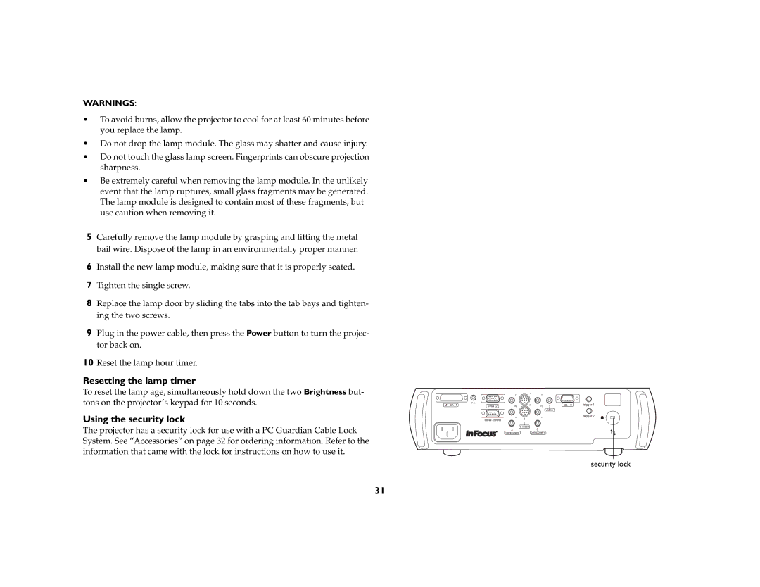 InFocus EN 61000-3-3, EN 55024, EN 61000-3-2 manual Resetting the lamp timer, Using the security lock 