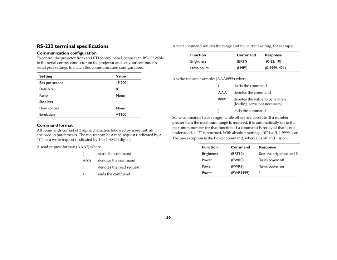 InFocus EN 55024, EN 61000-3-3 RS-232 terminal specifications, Communication configuration, Command format, Setting Value 