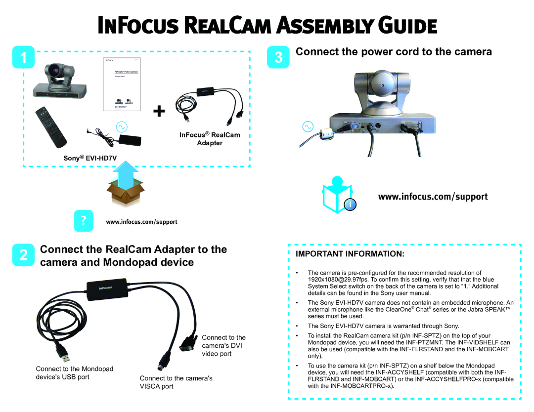 InFocus EVI-HD7V manual InFocus RealCam Assembly Guide, Important Information 