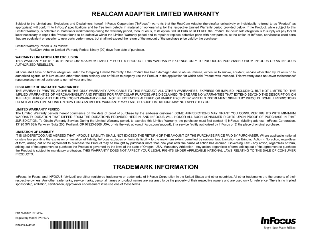 InFocus EVI-HD7V manual Realcam Adapter Limited Warranty, Trademark Information, Warranty Limitation and Exclusion 