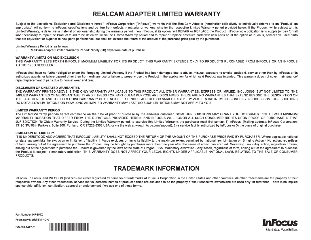 InFocus EVI-HD7V Realcam Adapter Limited Warranty, Trademark Information, 009-1447-01, Warranty Limitation And Exclusion 