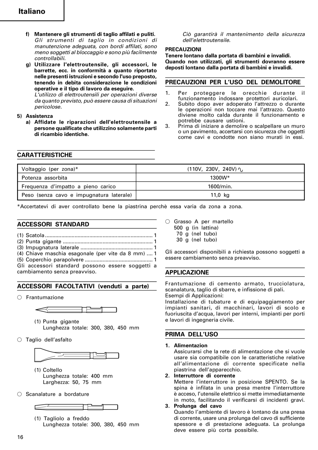 InFocus H 60KA Precauzioni PER L’USO DEL Demolitore, Caratteristiche, Accessori Standard, Applicazione, Prima DELL’USO 