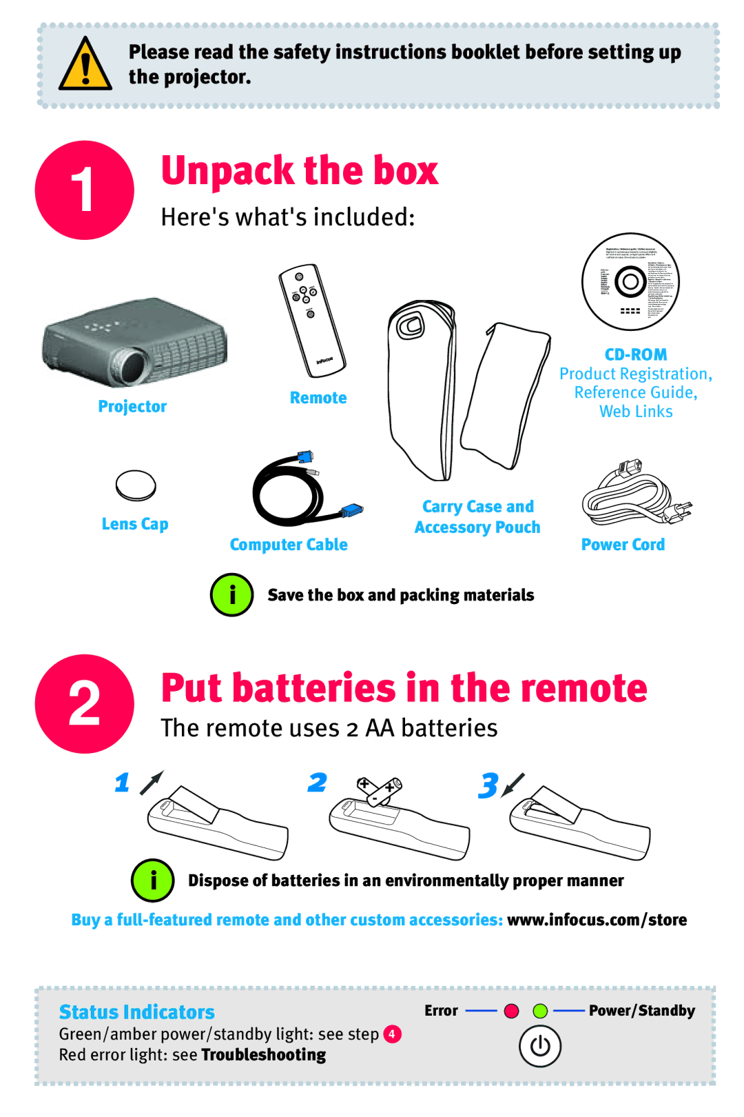 InFocus IN10 quick start Unpack the box, Dispose of batteries in an environmentally proper manner, Error 