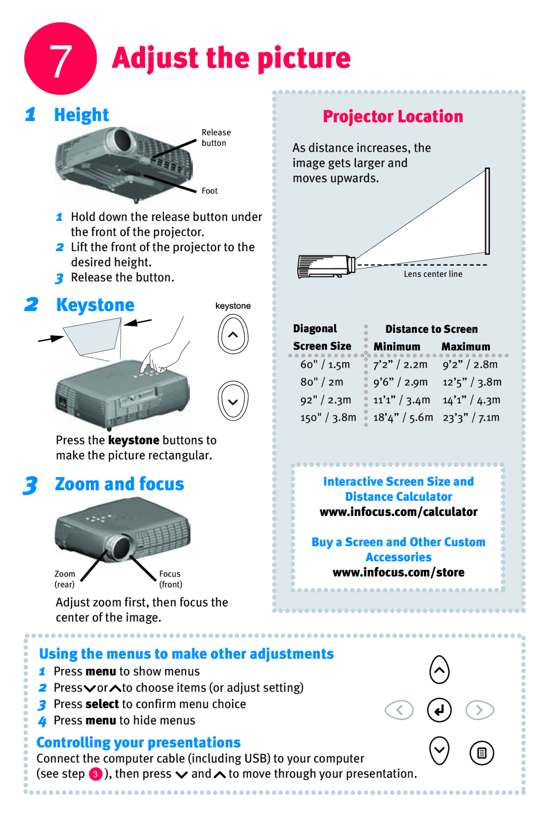 InFocus IN10 quick start Adjust the picture, Height, Keystone, Zoom and focus 