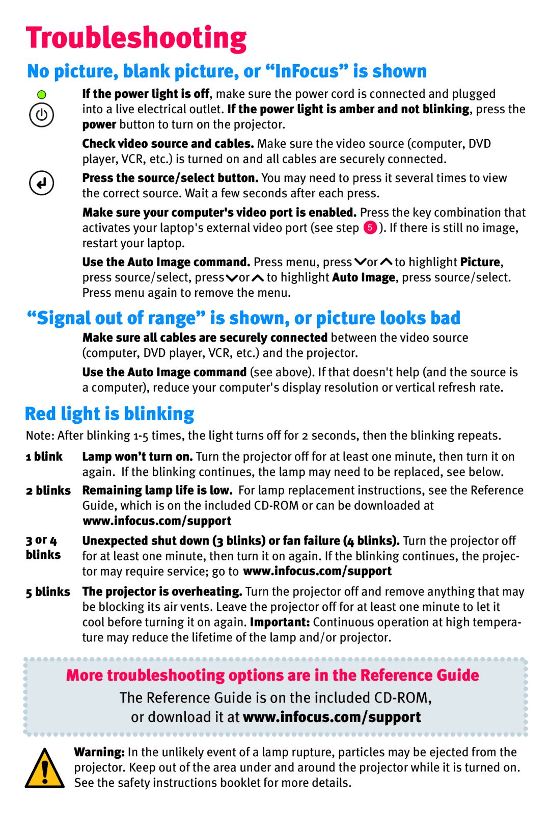 InFocus IN10 quick start Troubleshooting, No picture, blank picture, or InFocus is shown, Red light is blinking 