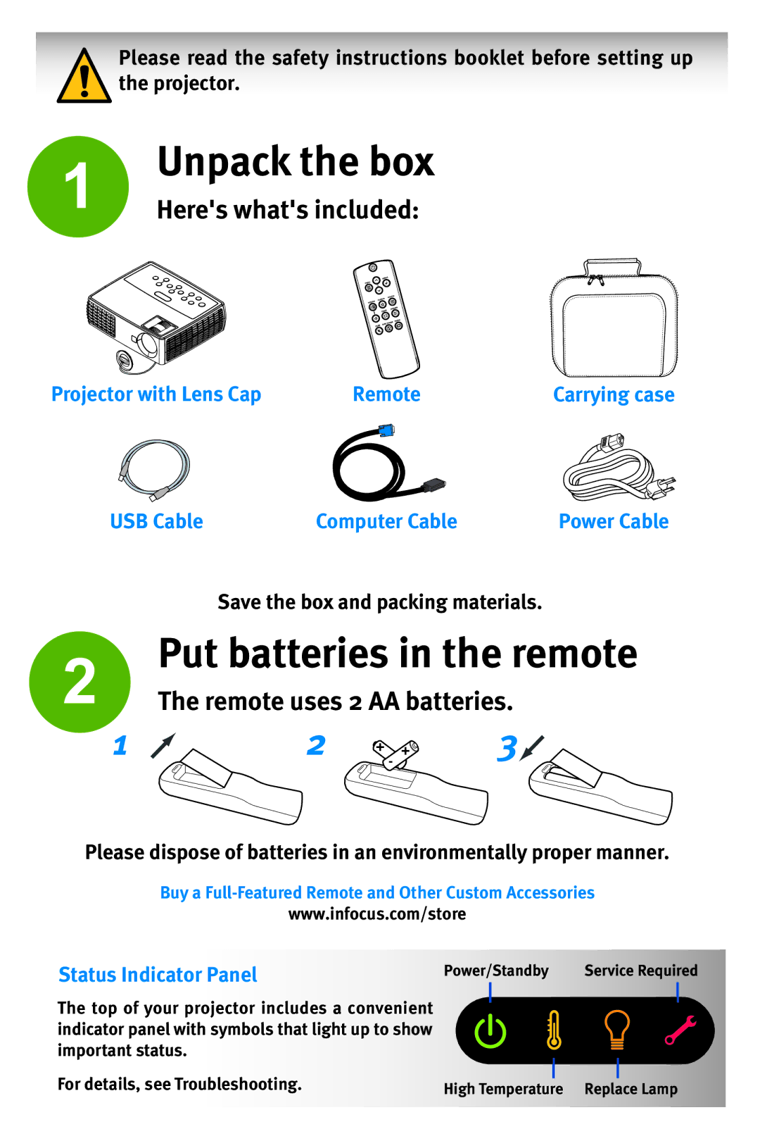 InFocus IN1100, IN1102 quick start Projector with Lens Cap Remote, Computer Cable Power Cable, Status Indicator Panel 