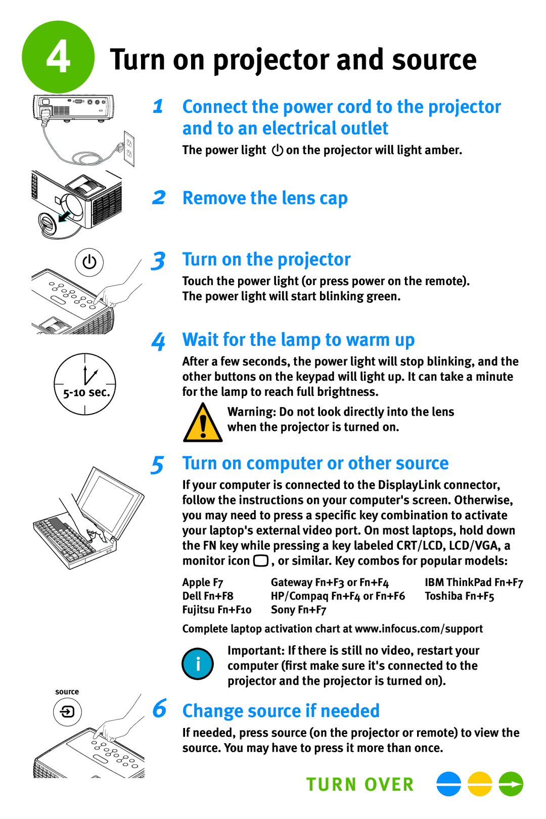 InFocus IN1100 Turn on projector and source, Remove the lens cap Turn on the projector, Wait for the lamp to warm up 