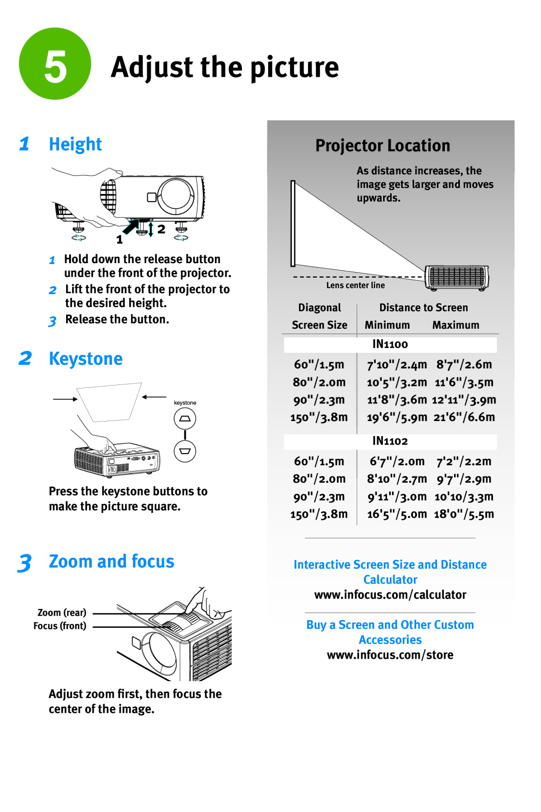 InFocus IN1102, IN1100 quick start Adjust the picture, Height, Keystone, Zoom and focus, Projector Location 