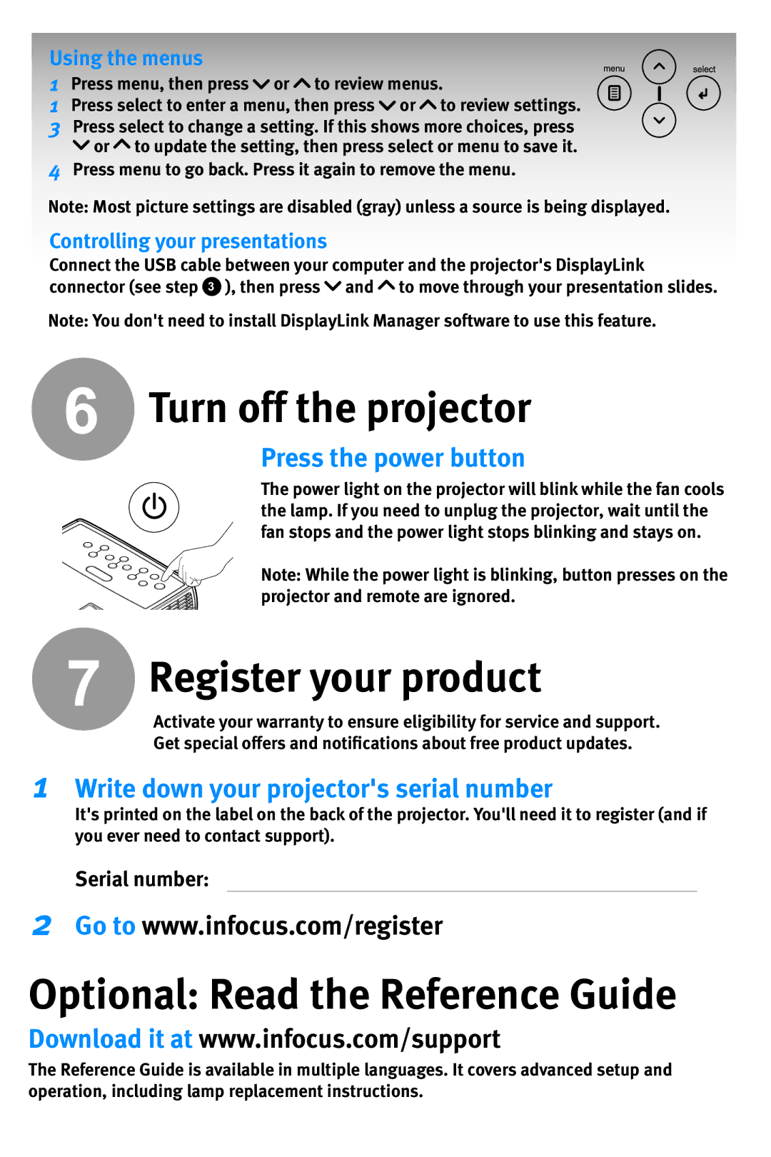 InFocus IN1100 Turn off the projector, Register your product, Optional Read the Reference Guide, Press the power button 