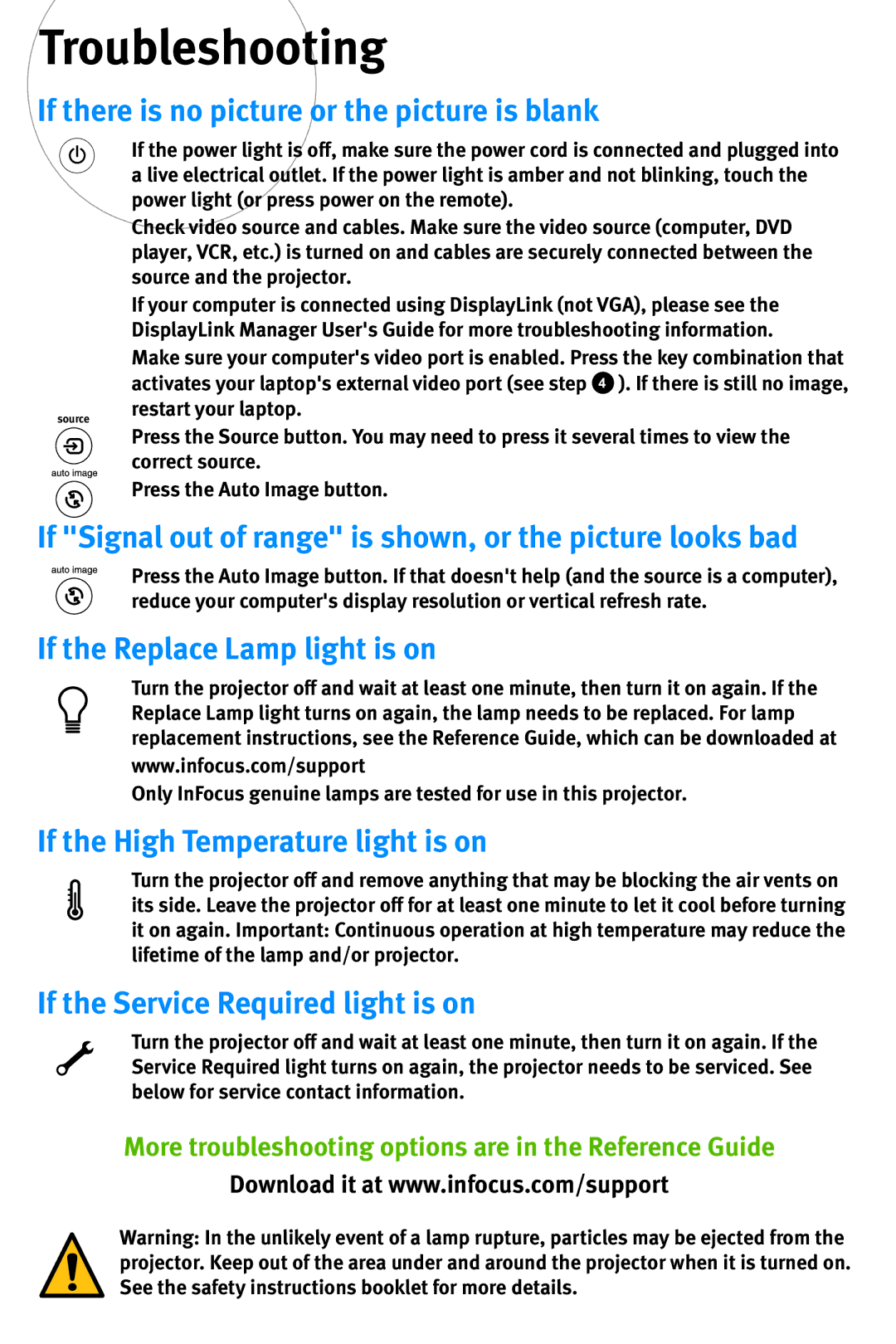 InFocus IN1102, IN1100 quick start Troubleshooting 