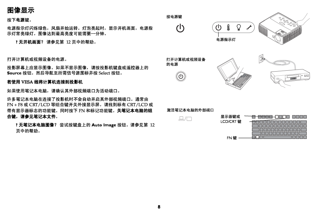 InFocus IN1110A manual 图像显示, 若使用 Vesa 线将计算机连接到投影机, 合键，请参见笔记本文件。 