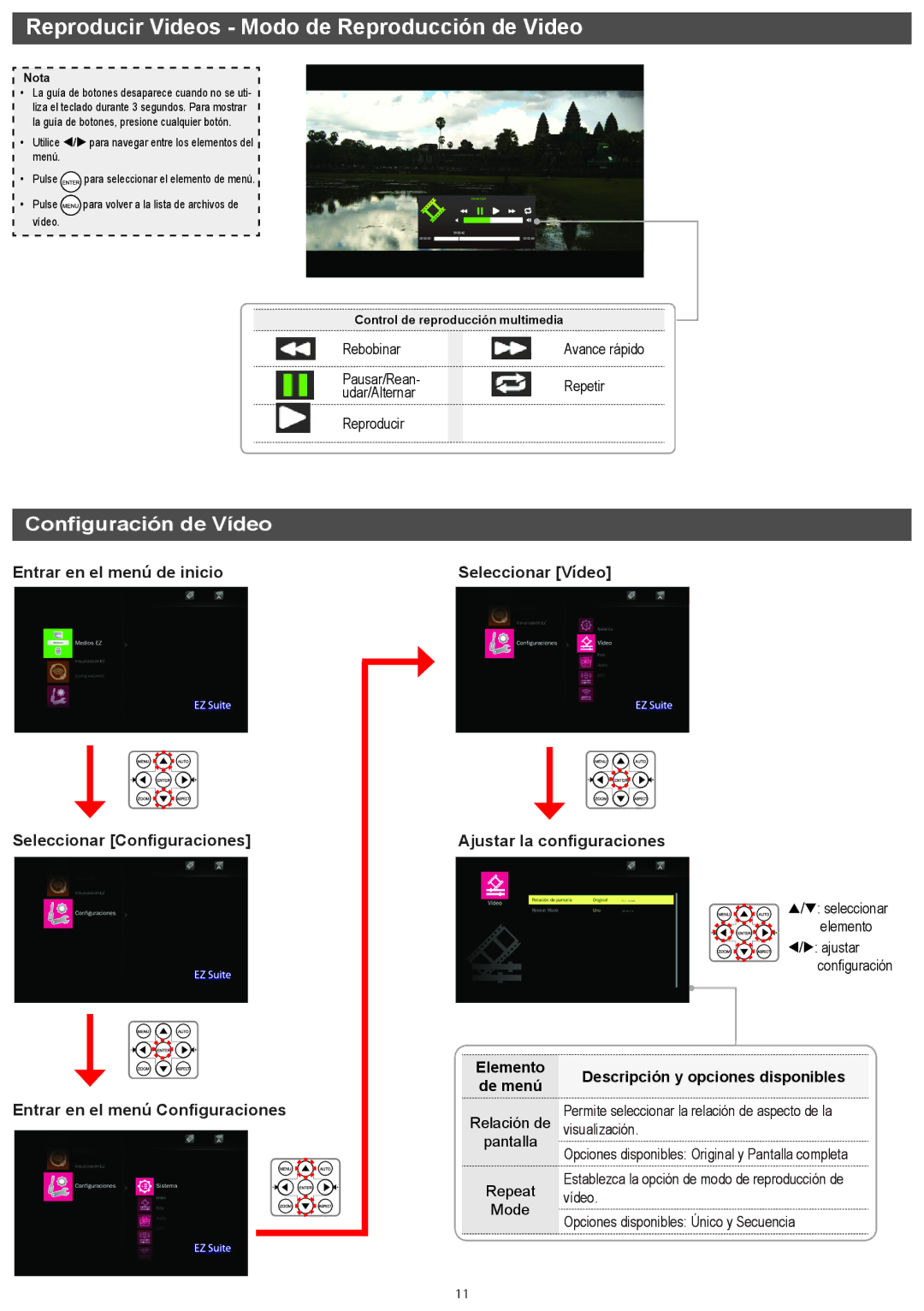 InFocus IN1146 manual Reproducir Videos Modo de Reproducción de Video, Configuración de Vídeo 