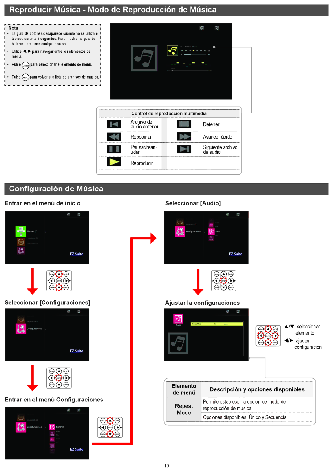 InFocus IN1146 manual Reproducir Música Modo de Reproducción de Música, Configuración de Música, Mode 