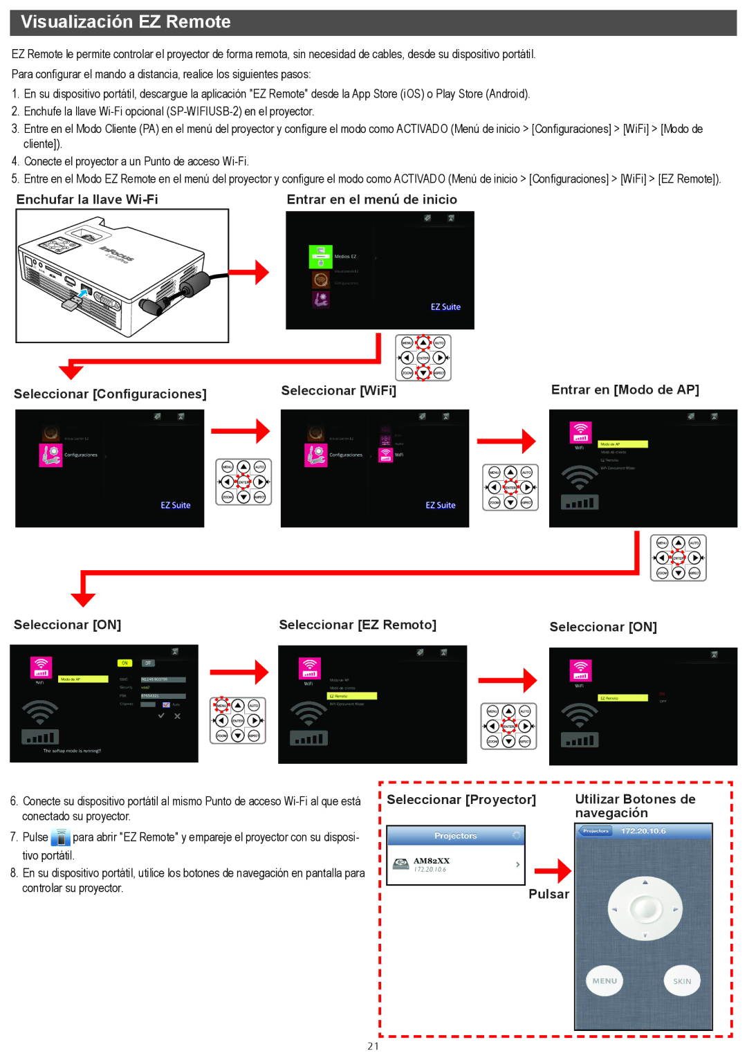 InFocus IN1146 manual Visualización EZ Remote, Seleccionar on Seleccionar EZ Remoto 