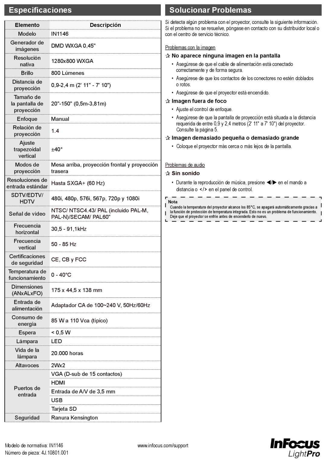 InFocus IN1146 manual Especificaciones, Solucionar Problemas 